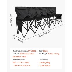 Taitettava sivurajapenkki 6-paikkainen selkänojilla 600D-kankaasta kantolaukulla kevyt musta
