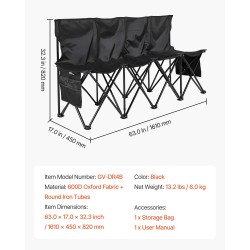 Taitettava nelipaikkainen penkki 600D kankaasta rautaputkirungolla kantolaukulla ulkokäyttöön musta