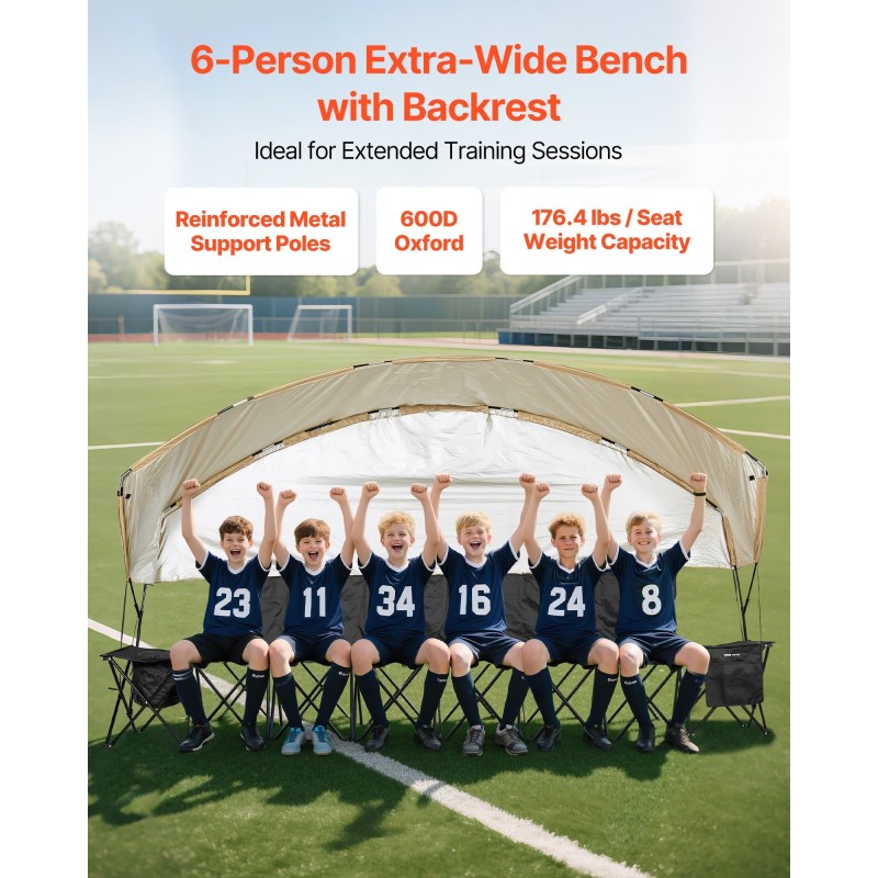 Taittuva 6-paikkainen penkki 600D Oxford-kankaalla rautaputkilla aurinkokatoksella säilytystaskuilla mukitelineillä