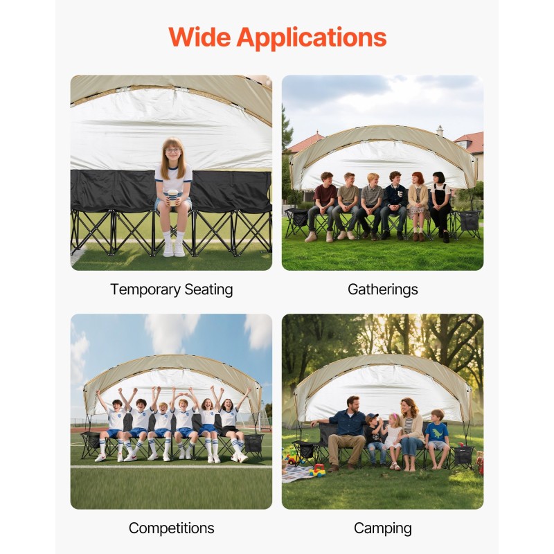 Taittuva 6-paikkainen penkki 600D Oxford-kankaalla rautaputkilla aurinkokatoksella säilytystaskuilla mukitelineillä