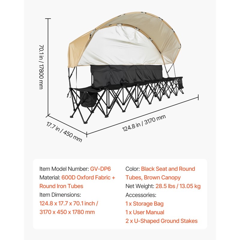 Taittuva 6-paikkainen penkki 600D Oxford-kankaalla rautaputkilla aurinkokatoksella säilytystaskuilla mukitelineillä