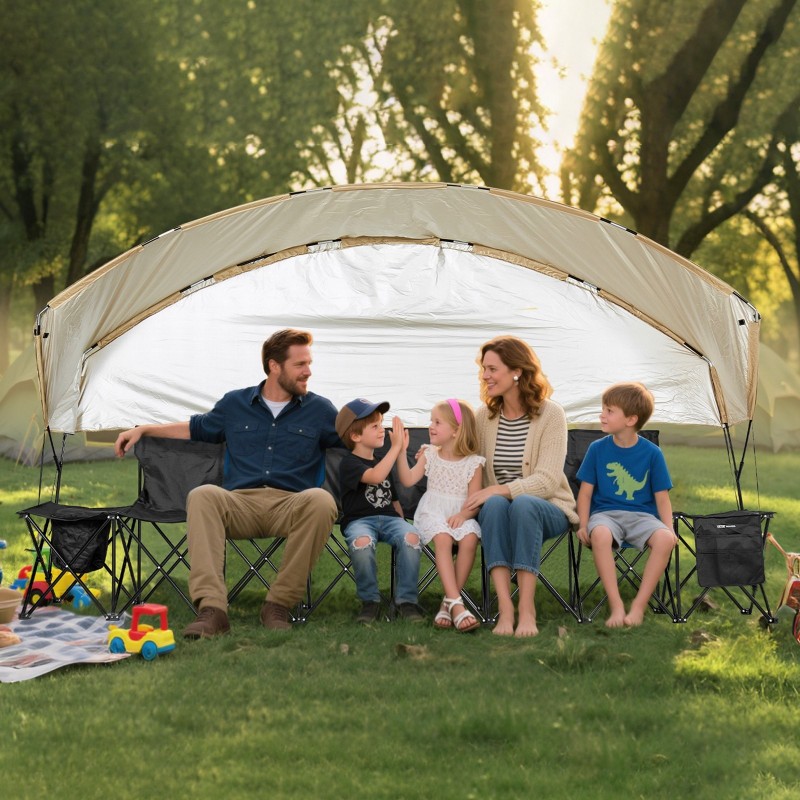 Taittuva 6-paikkainen penkki 600D Oxford-kankaalla rautaputkilla aurinkokatoksella säilytystaskuilla mukitelineillä