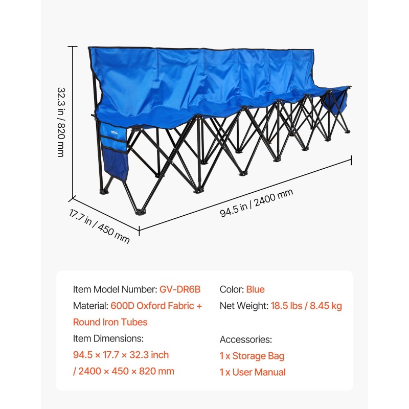 Taitettava 6-paikkainen penkki selkänojalla 600D kangas rautaputkilla sininen kantolaukulla ulkotapahtumiin