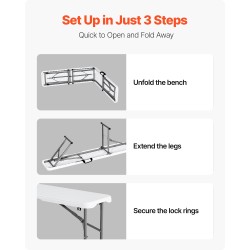 Taitettava HDPE-muovipenkki 182 cm 2 kpl sisä ja ulkokäyttöön valkoinen