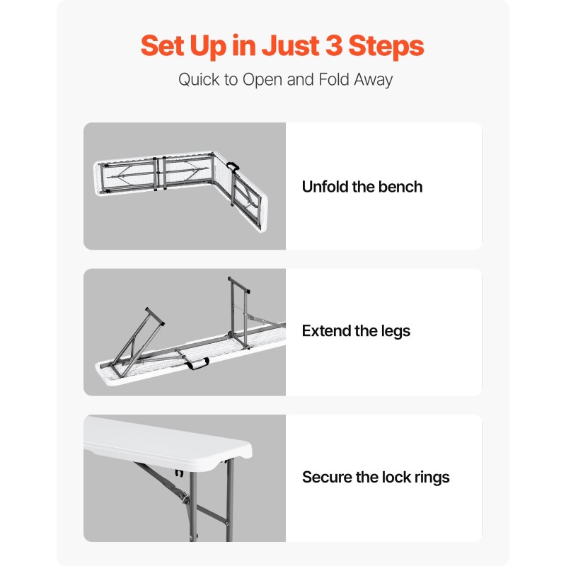 Taitettava HDPE-muovipenkki 182 cm 2 kpl sisä ja ulkokäyttöön valkoinen