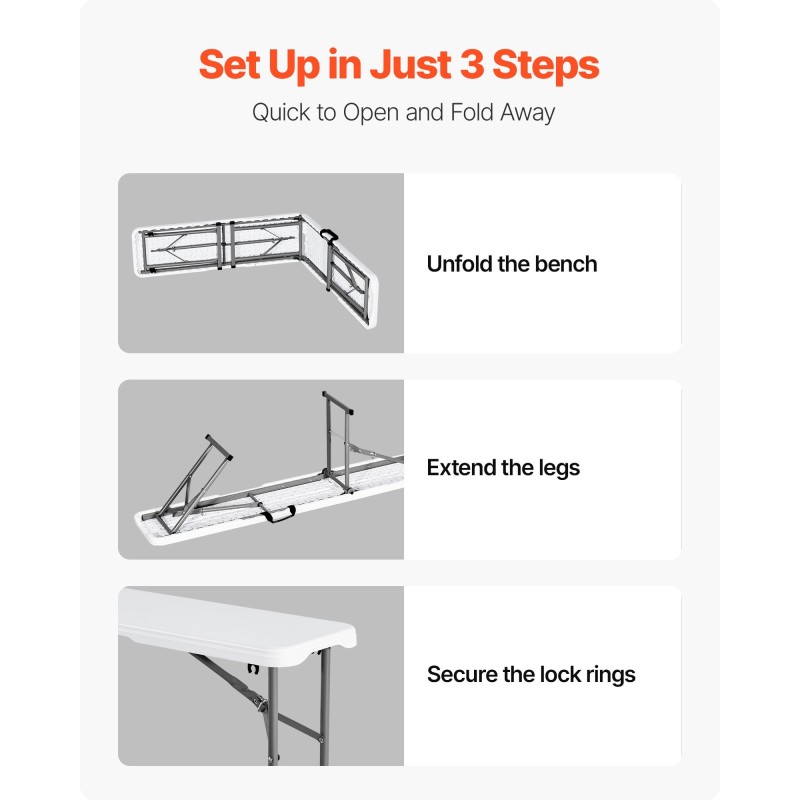 Taitettava penkki muoviistuin teräsjalat 182 cm valkoinen 1 kpl sisä ja ulkokäyttö