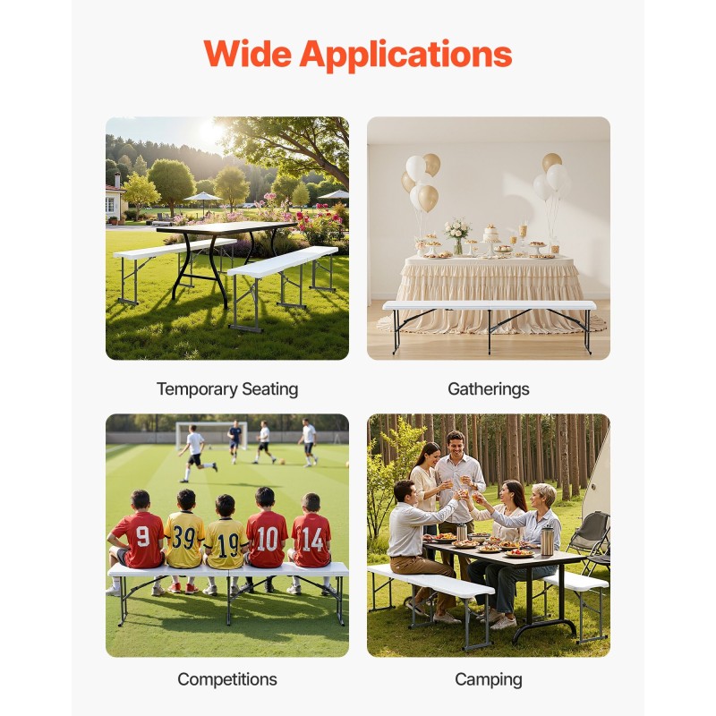 Taitettava penkki muoviistuin teräsjalat 182 cm valkoinen 1 kpl sisä ja ulkokäyttö