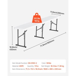 Taitettava penkki muoviistuin teräsjalat 182 cm valkoinen 1 kpl sisä ja ulkokäyttö