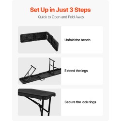 Taittuva muovinen penkki teräsjalat 1825 mm 1 kpl musta sisä ja ulkokäyttöön