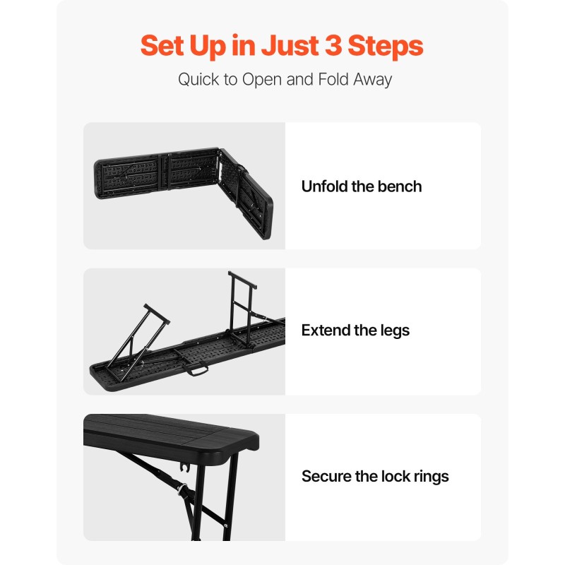 Taittuva muovinen penkki teräsjalat 1825 mm 1 kpl musta sisä ja ulkokäyttöön