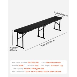 Taittuva muovinen penkki teräsjalat 1825 mm 1 kpl musta sisä ja ulkokäyttöön