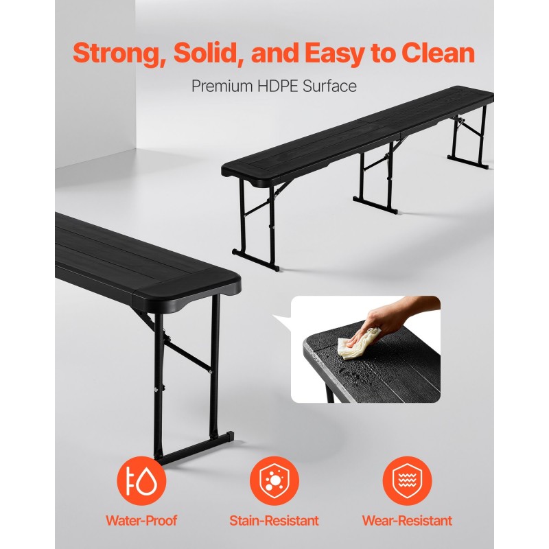 Taitettava HDPE-muovipenkki 182,5 cm 2 kpl ulkokäyttöön musta 2 kantolaukkua