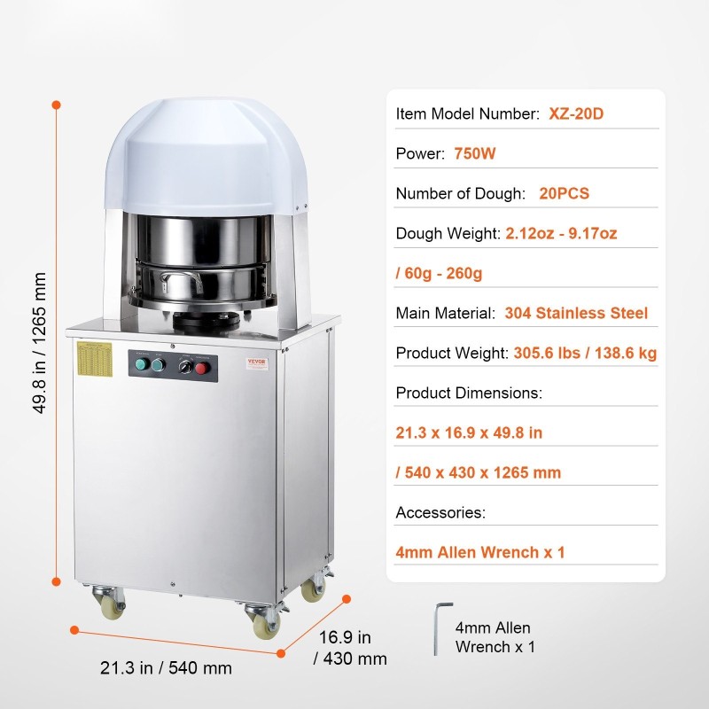 Sähköinen taikinanjakaja 20 taikinapalaa 60-260 grammaa 750 wattia 304-ruostumatonta terästä leipomoihin ravintoloihin