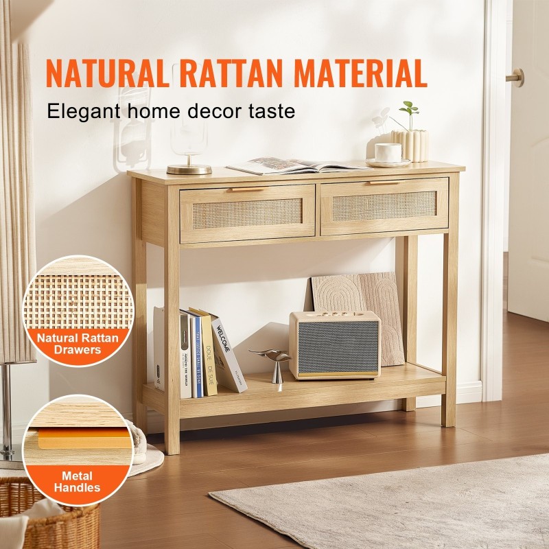 Luonnollinen rottinkinen konsolipöytä MDF-runko kaksi laatikkoa ja liukuovellinen kaappi