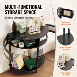 Puolikuun muotoinen rottinkikonsolipöytä MDF runko luonnonrottinki liukuovi 2 laatikkoa musta