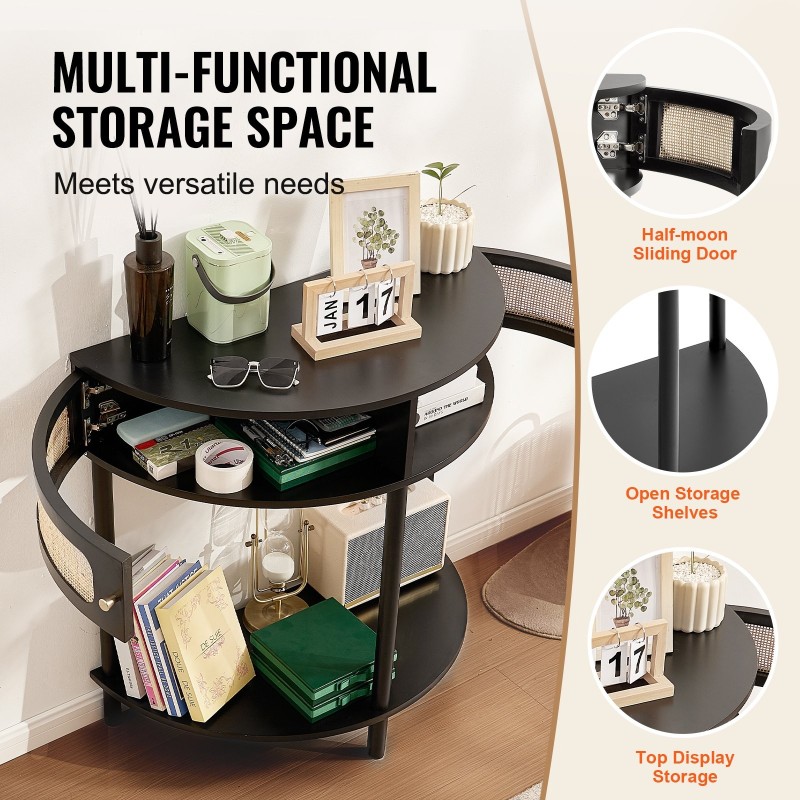 Puolikuun muotoinen rottinkikonsolipöytä MDF runko luonnonrottinki liukuovi 2 laatikkoa musta