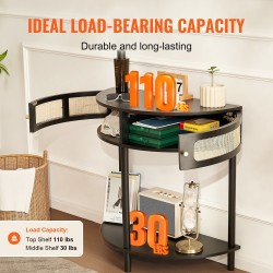 Puolikuun muotoinen rottinkikonsolipöytä MDF runko luonnonrottinki liukuovi 2 laatikkoa musta