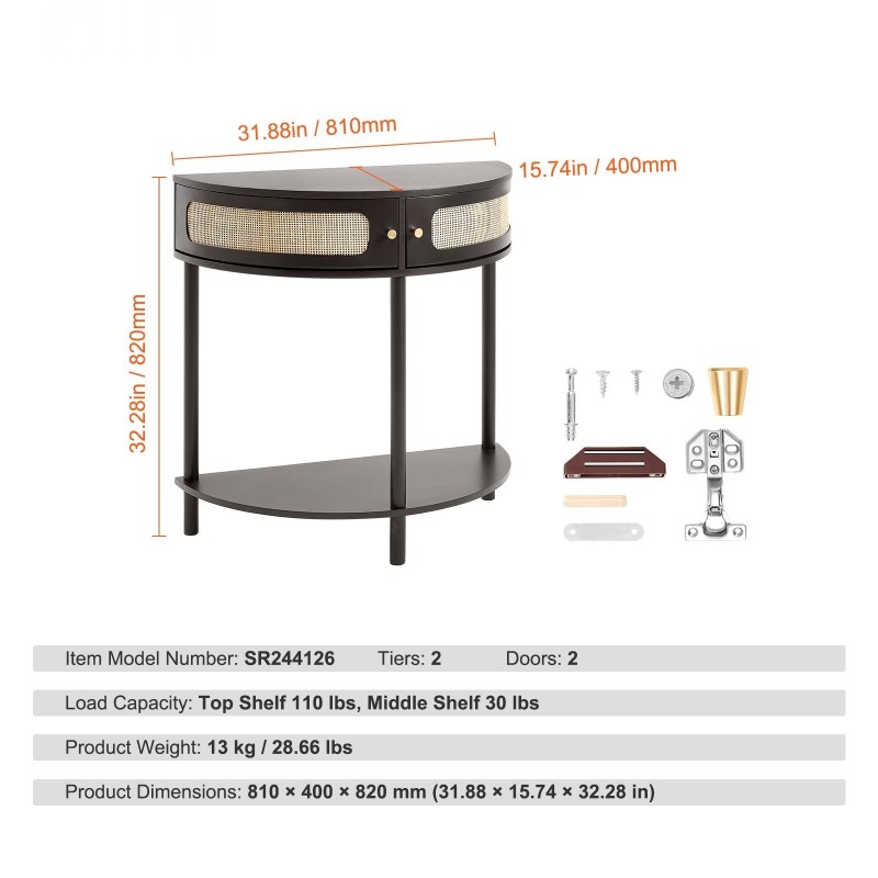 Puolikuun muotoinen rottinkikonsolipöytä MDF runko luonnonrottinki liukuovi 2 laatikkoa musta