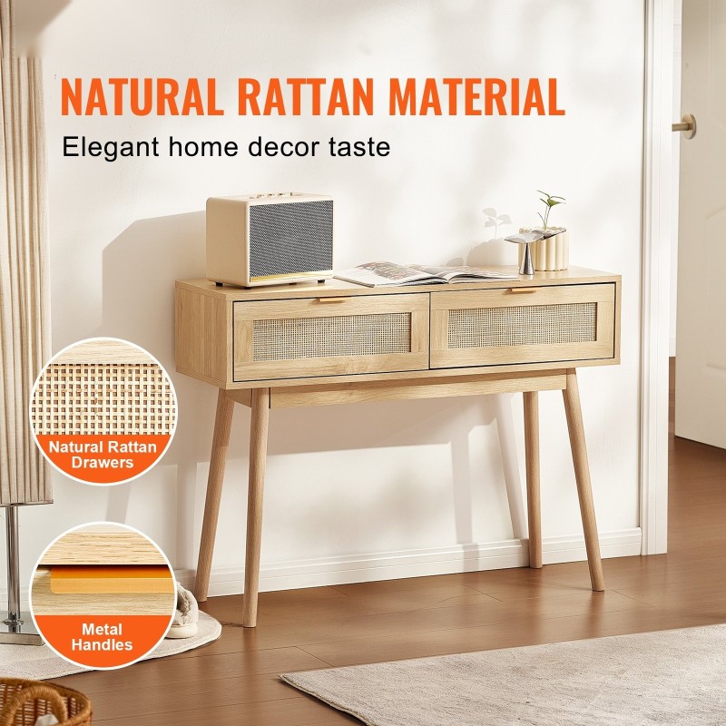 Konsolipöytä rottinkipintainen MDF-rakenteinen 2 vetolaatikkoa avohylly kompakti eteiseen