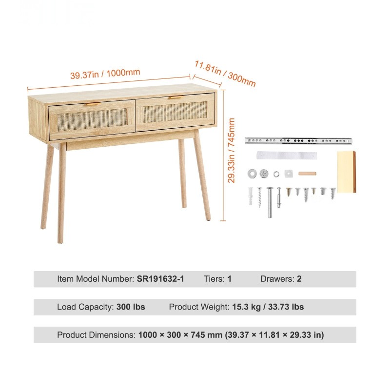 Konsolipöytä rottinkipintainen MDF-rakenteinen 2 vetolaatikkoa avohylly kompakti eteiseen