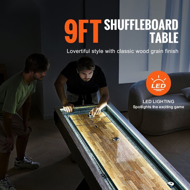 Shuffleboard-pöytä MDF-levy 9 jalan LED-valaistus kaksipuolinen shuffleboard- ja keilapeli 8 kiekkoa