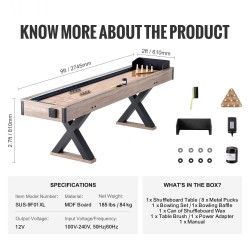 Shuffleboard-pöytä MDF-levy 9 jalan LED-valaistus kaksipuolinen shuffleboard- ja keilapeli 8 kiekkoa