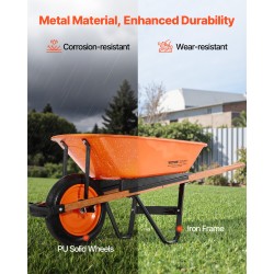 Yhden pyörän puutarhakärry rautarunko 140 l 150 kg pehmustettu metallikahva