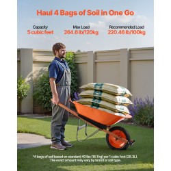 Yhden pyörän puutarhakärry rautarunko 140 l 150 kg pehmustettu metallikahva