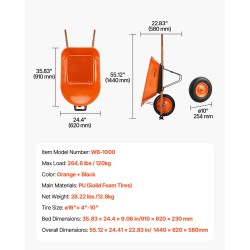 Yhden pyörän puutarhakärry rautarunko 140 l 150 kg pehmustettu metallikahva