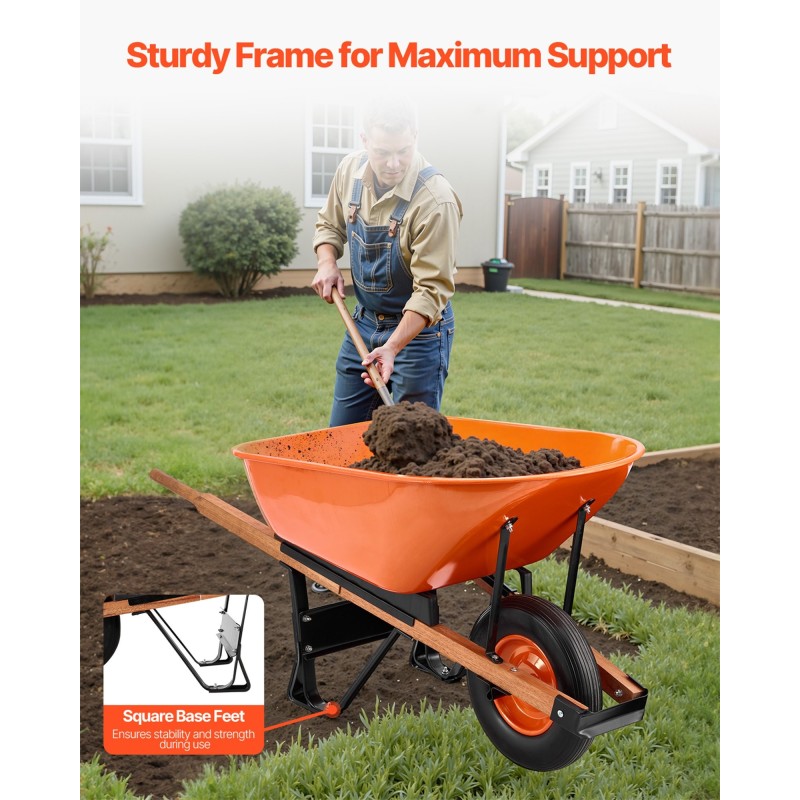 Puutarhakärry yksipyöräinen teräsrunko 16 tuuman vaahtopyörä 150 kg kantavuus