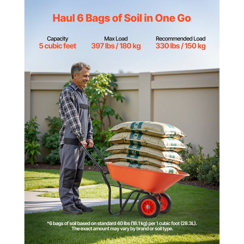 Kaksipyöräinen puutarhakärry PP-muovikaukalolla 5 kuutiometriä 180 kg 10 tuuman renkailla