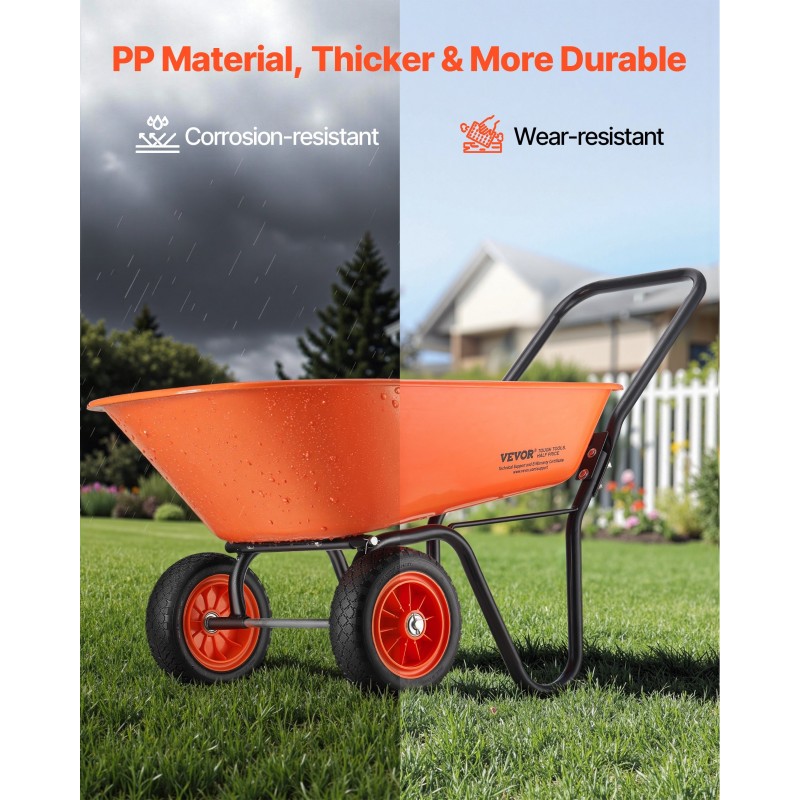 Kaksipyöräinen puutarhakärry PP-muovikaukalolla 5 kuutiometriä 180 kg 10 tuuman renkailla