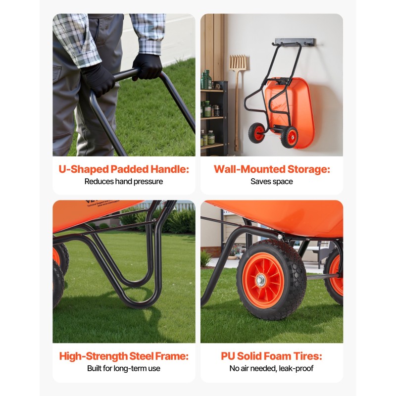 Kaksipyöräinen puutarhakärry PP-muovikaukalolla 5 kuutiometriä 180 kg 10 tuuman renkailla