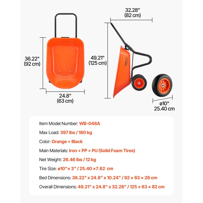 Kaksipyöräinen puutarhakärry PP-muovikaukalolla 5 kuutiometriä 180 kg 10 tuuman renkailla