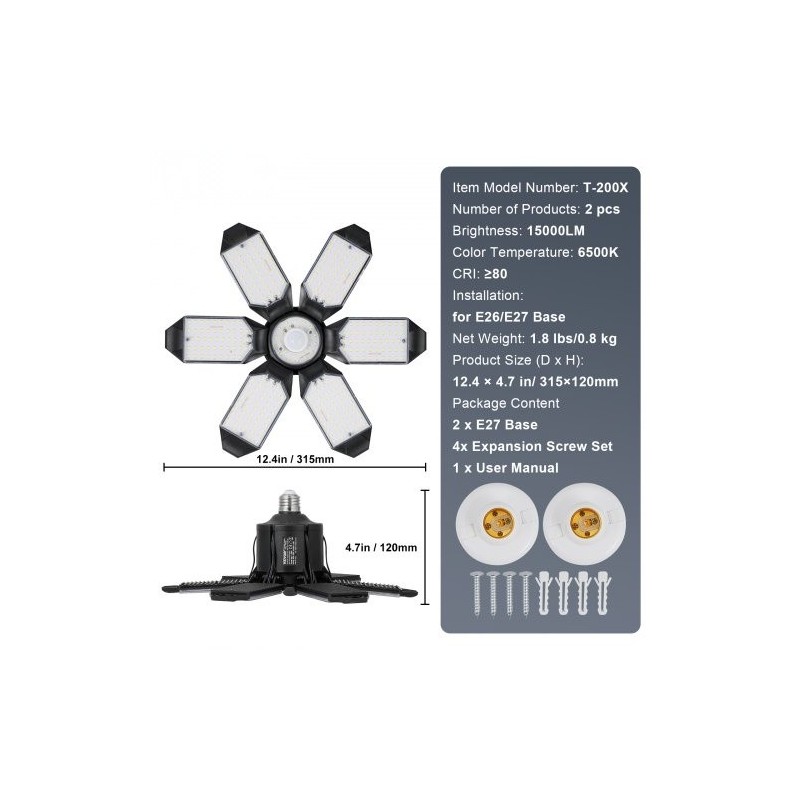 LED-autotallivalo 2 kpl 15000 lumenia 6500 kelvin 6 säädettävää paneelia E26/E27-kannalle