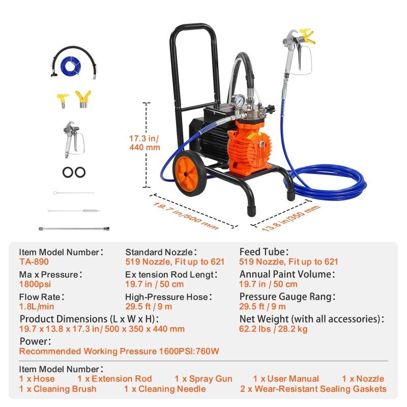 Ilmaton maalausruisku 900 W 1800 psi 1,8 l/min kärry pidennin