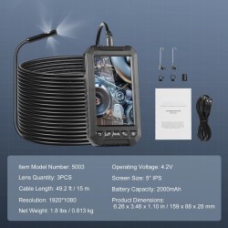 Endoskooppikamera kolme linssiä viidentoista metrin puolijäykkä kaapeli viiden tuuman näyttö