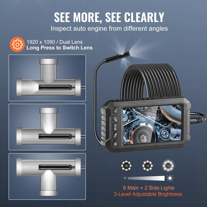 Tarkastuskamera kolmilinssinen viiden tuuman näyttö viiden metrin kaapeli vesitiivis kahdeksan millimetrin linssi