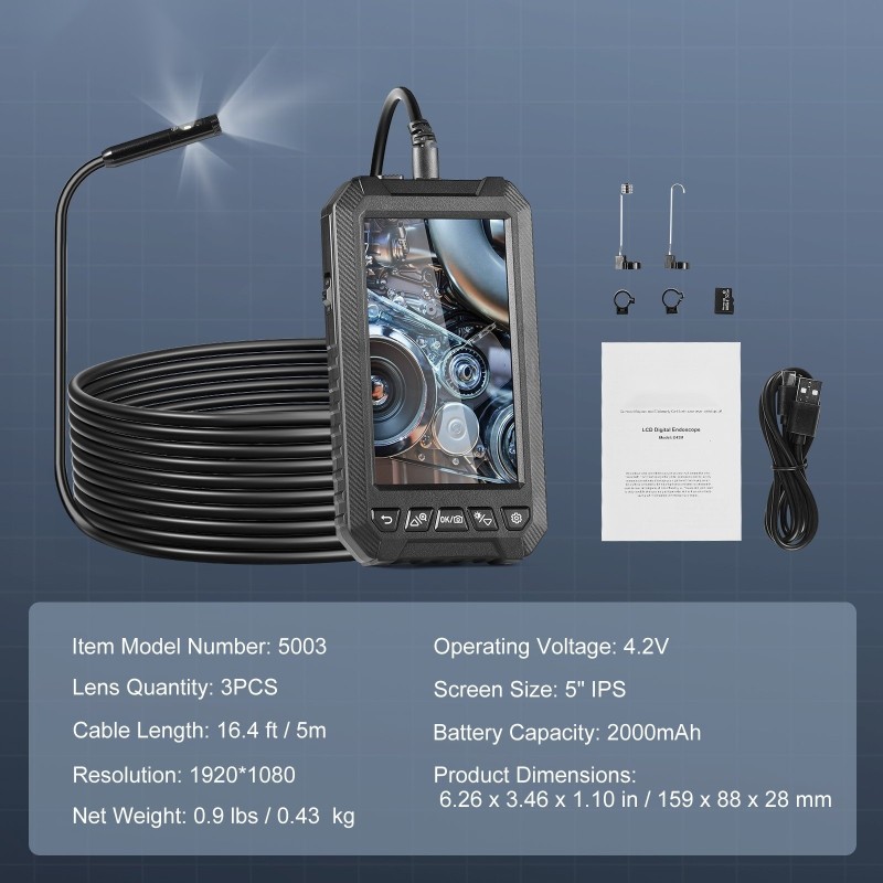 Tarkastuskamera kolmilinssinen viiden tuuman näyttö viiden metrin kaapeli vesitiivis kahdeksan millimetrin linssi