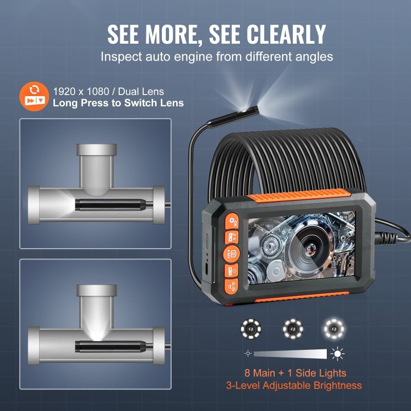 Endoskooppikamera kaksilinssinen 15 m kaapeli 4,3 tuuman IPS-näyttö 8 mm IP67