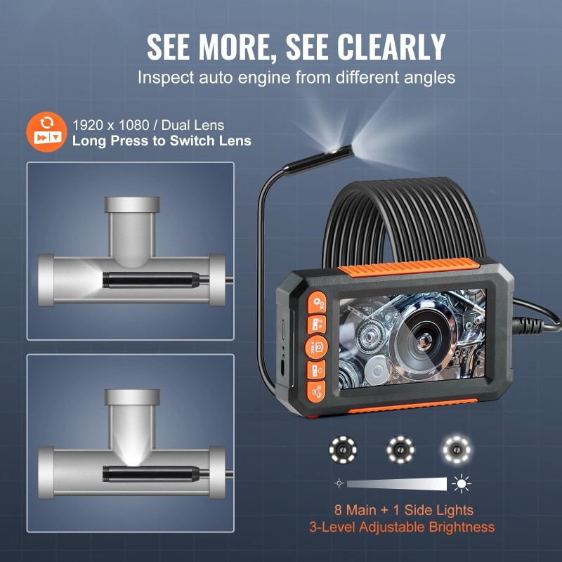 Endoskooppikamera kaksilinssinen 8 mm linssit 5 m kaapeli 4,3 tuuman värinäyttö