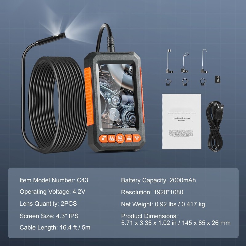 Endoskooppikamera kaksilinssinen 8 mm linssit 5 m kaapeli 4,3 tuuman värinäyttö