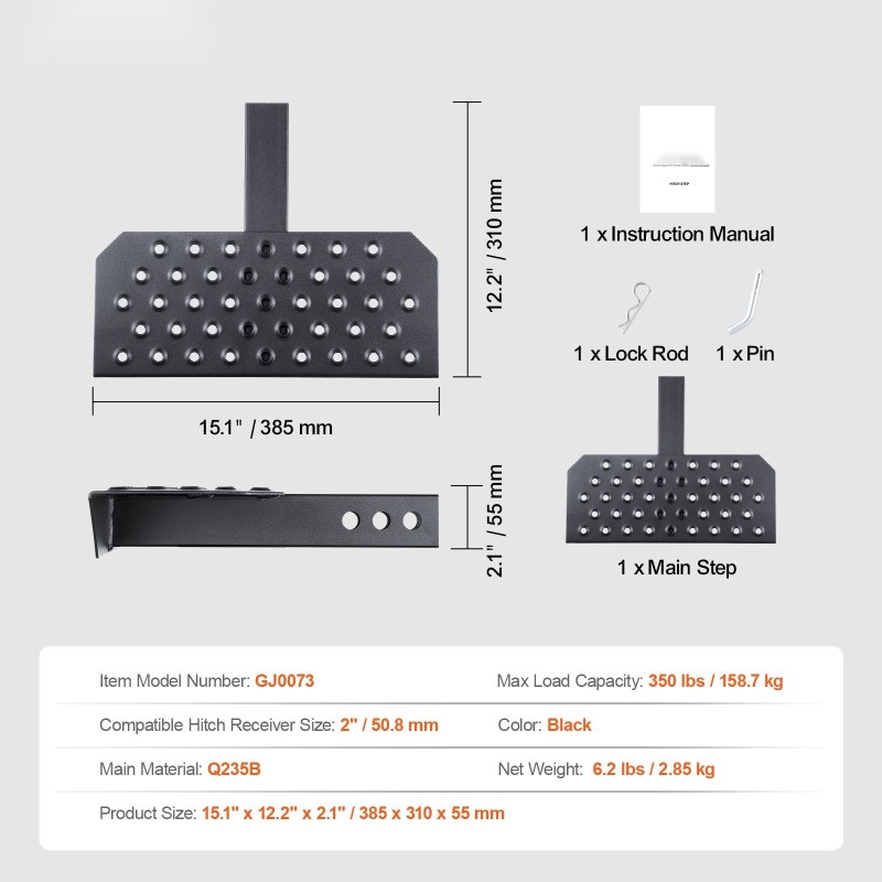 Vetokoukkuaskelma teräs 2 tuuman vetokoukkuvastaanottimelle korroosionkestävä pinnoite 158,7 kg kantavuus