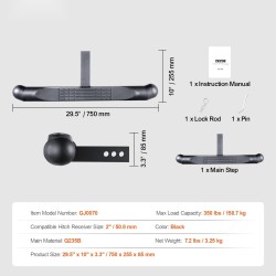 Teräs koukkuaskelma 2 tuuman vetokoukkuun 750 mm pituus 158,7 kg kantavuus