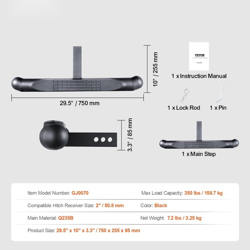 Teräs koukkuaskelma 2 tuuman vetokoukkuun 750 mm pituus 158,7 kg kantavuus