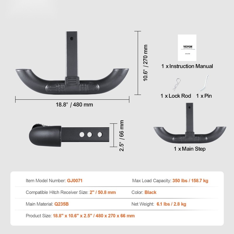 Vetokoukun askelma teräspinnoitettu 50,8 mm vastaanottimeen kantavuus 158,7 kg