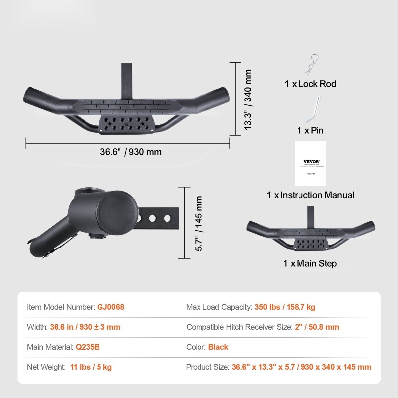 Astinlauta 2-tuumaiselle vetokoukkuvastaanottimelle teräs 930 mm 158,7 kg musta