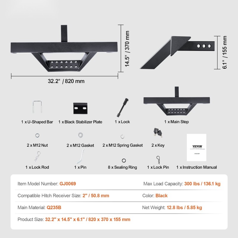 Vetokoukkuaskelma 2 tuuman vetovastaanottimeen teräs liukuestopinta 136 kg kantavuus