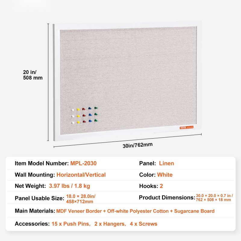 Ilmoitustaulu seinälle 30 x 20 tuumaa pellavapintainen polyesteri-puuvilla valkoinen MDF-kehys