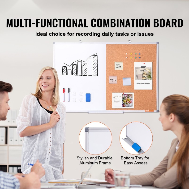 Yhdistelmätaulu alumiinikehyksellä 60 x 90 cm magneettinen valkotaulu ja korkkitaulu
